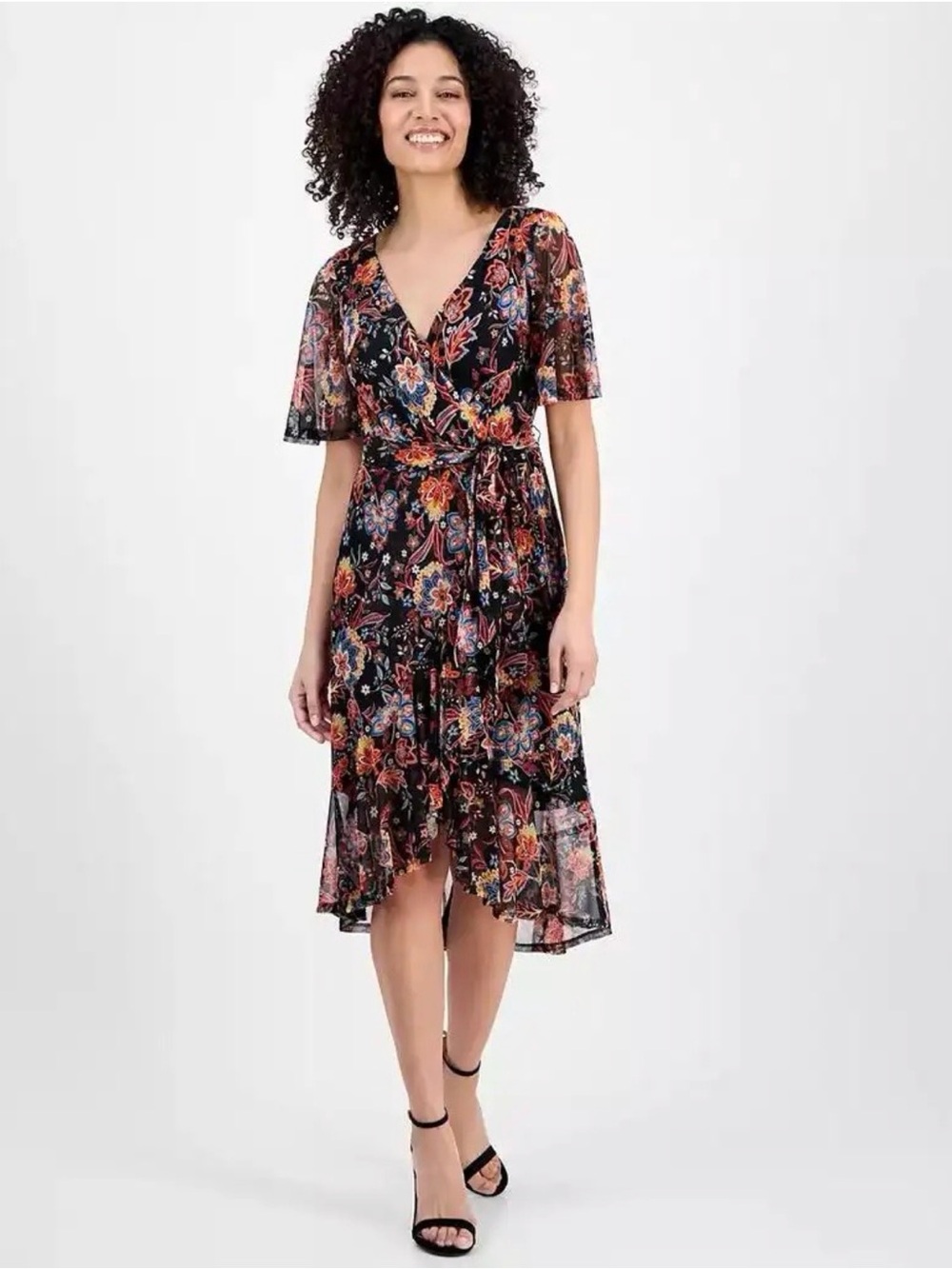 Connected Apparel Petite Floral Faux Wrap High-Low Dress Size 10P